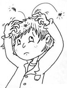 dibujo de un niño rascandose la cabeza con piojos