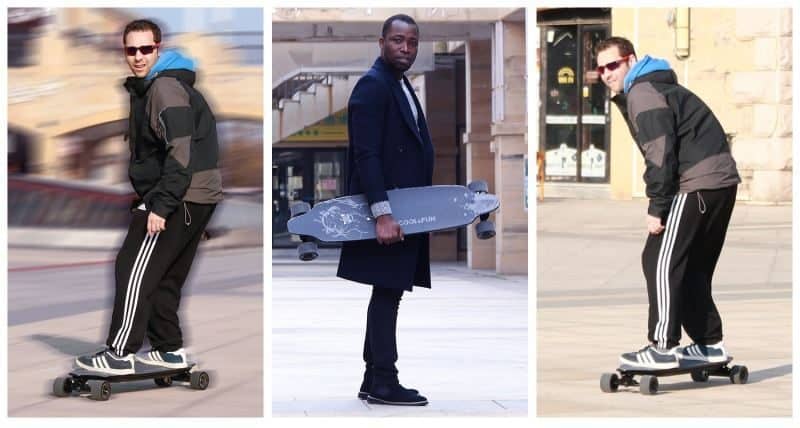 hombres usando longboard electrico