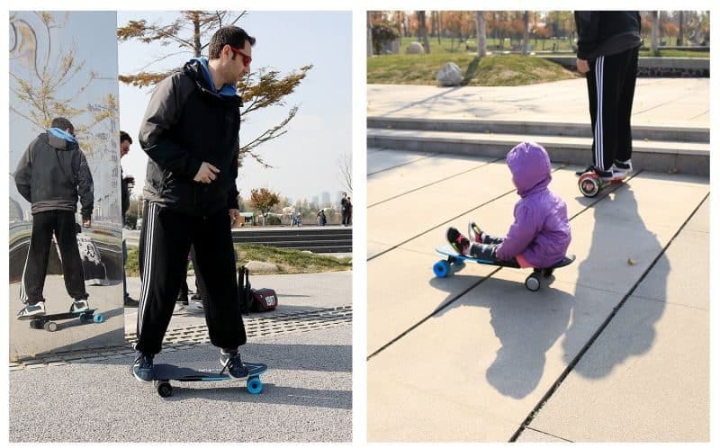 situaciones de chico y niño sobre el longboard electrico